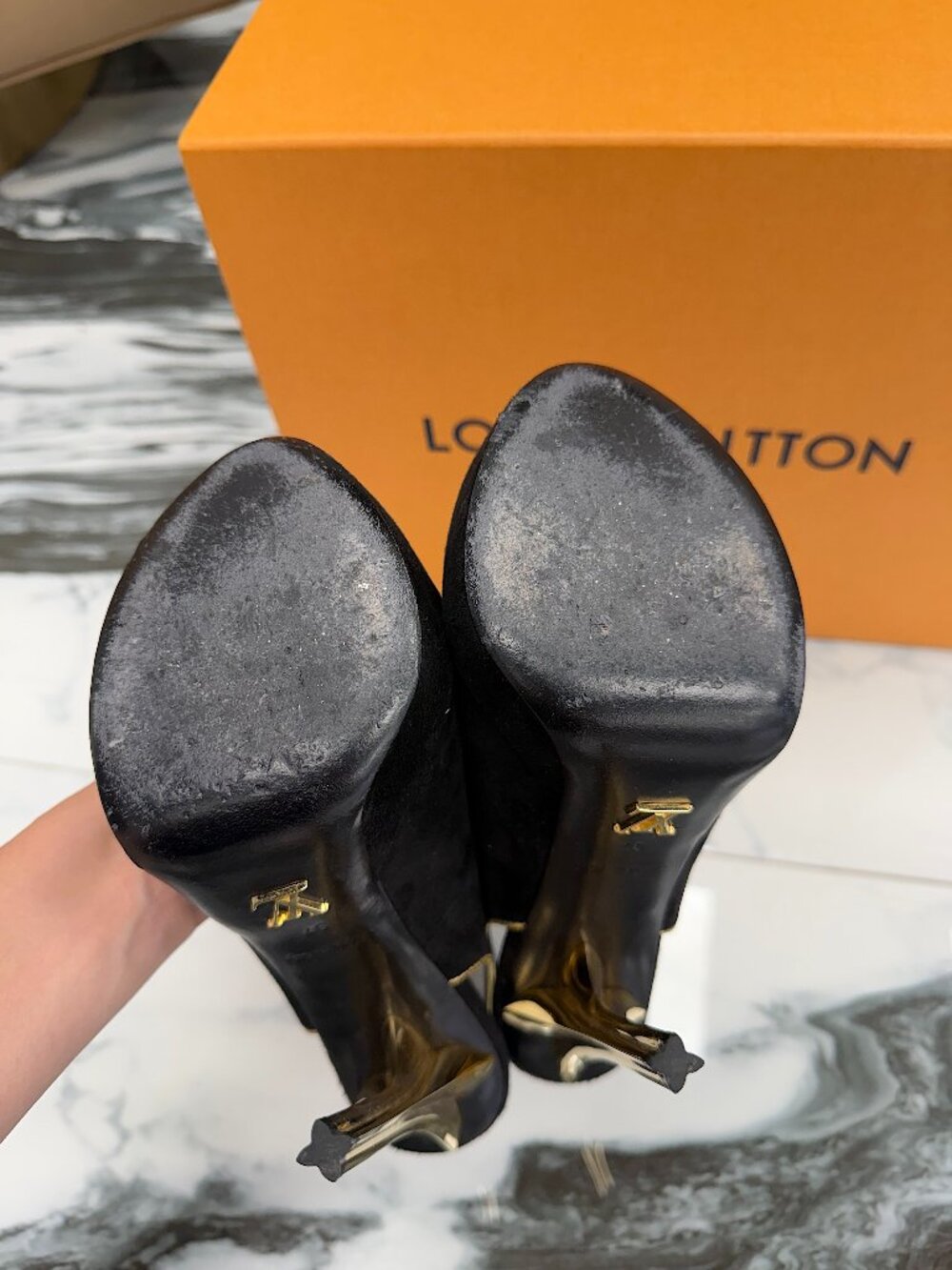 Louis Vuitton Black Suede Platform Heels Gold Heel Peep Toe Pumps Size 37 - Picture 15 of 16